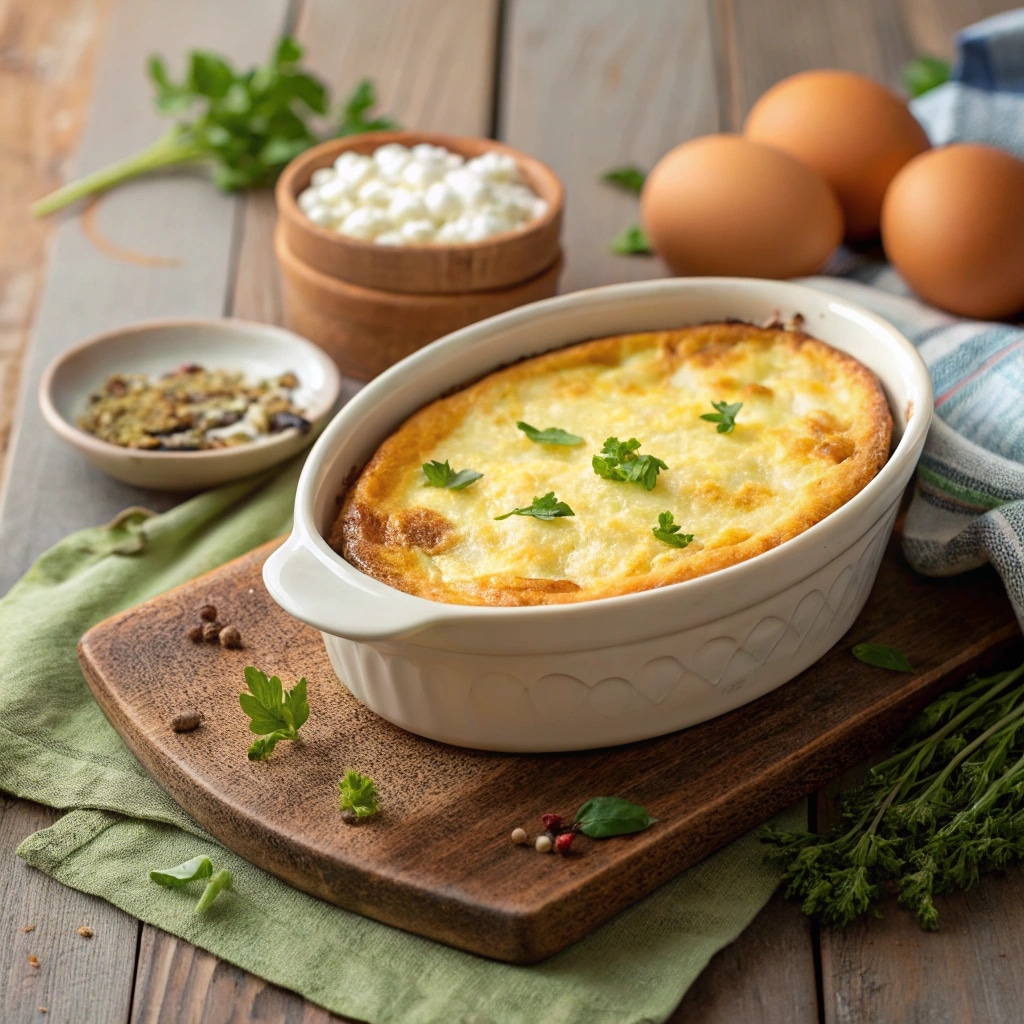 Baked cottage cheese eggs in casserole dish
