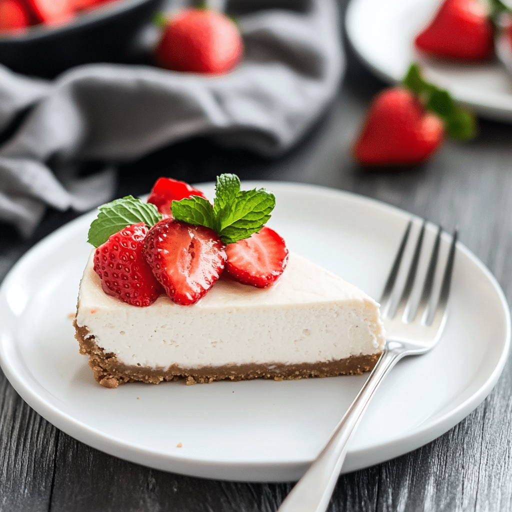 3 Ingredient No Bake Cheesecake: The Easiest Dessert You'll Ever Make😋✨ 5 Slice of 3 ingredient no bake cheesecake with strawberries