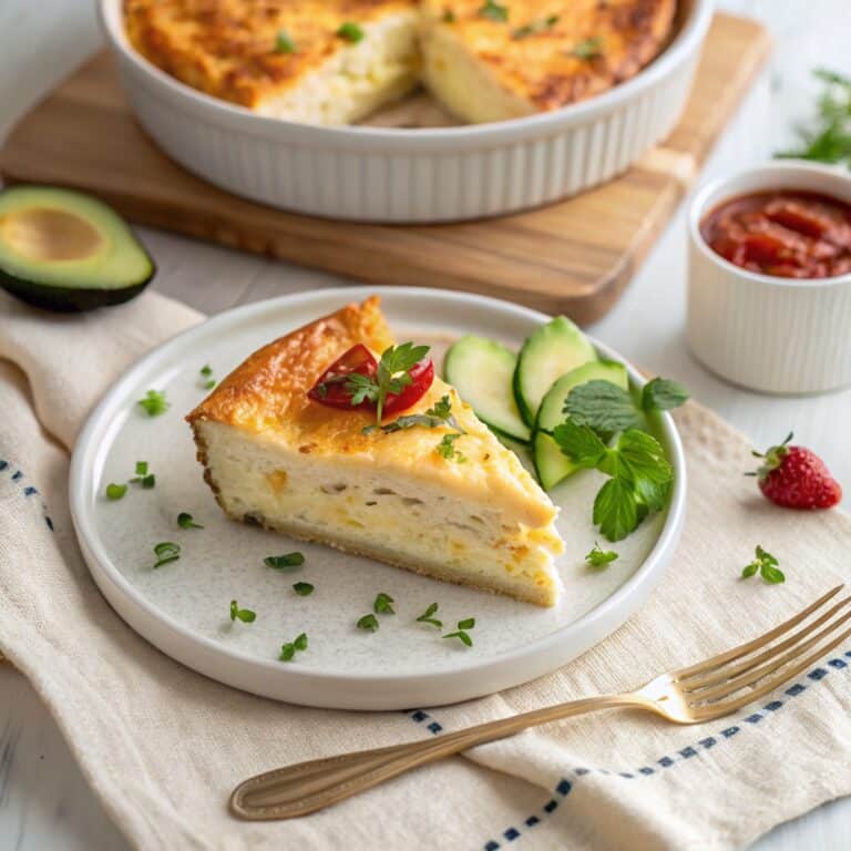 slice of baked cottage cheese eggs served with avocado