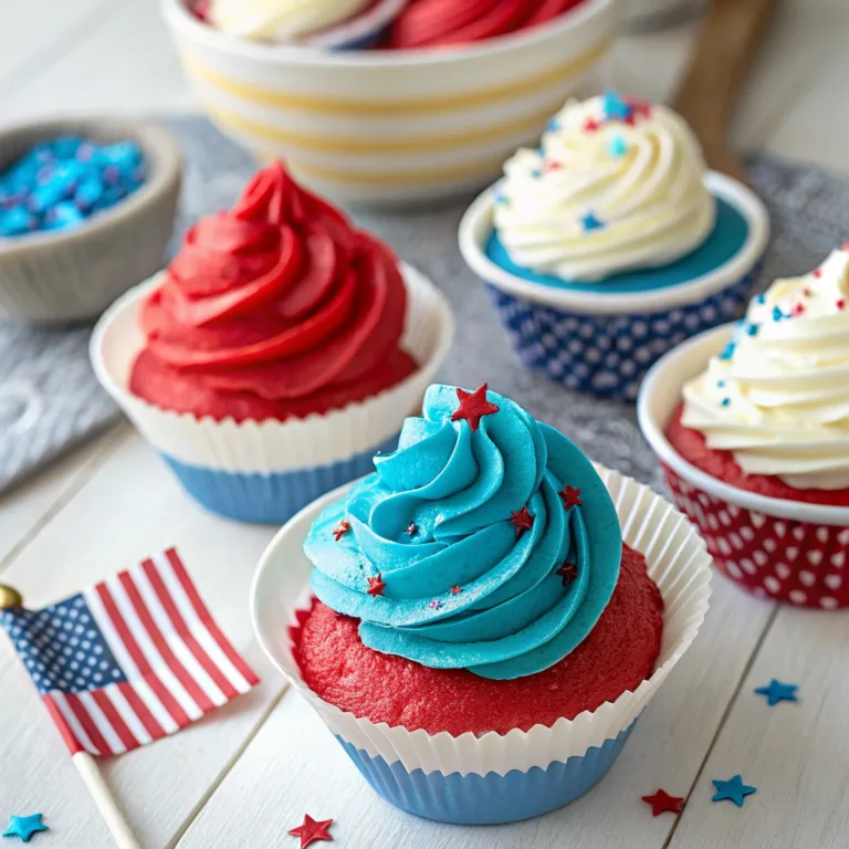 Swirled red white blue frosting cupcakes