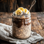 Chocolate Covered Banana Overnight Oats: A Healthy Breakfast That Tastes Like Dessert 5 Chocolate covered banana overnight oats in a jar with toppings