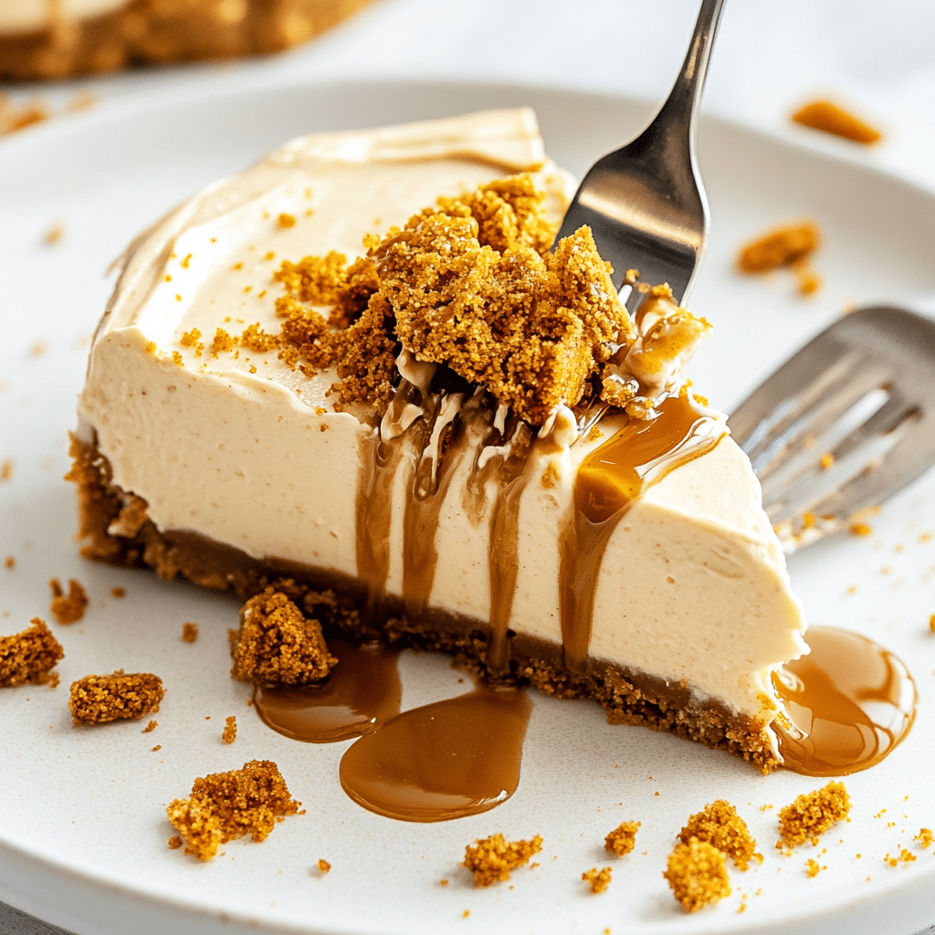 sliced no bake biscoff cheesecake served
