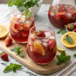 Chilled glass of Strawberry Sangria with fresh fruit and mint