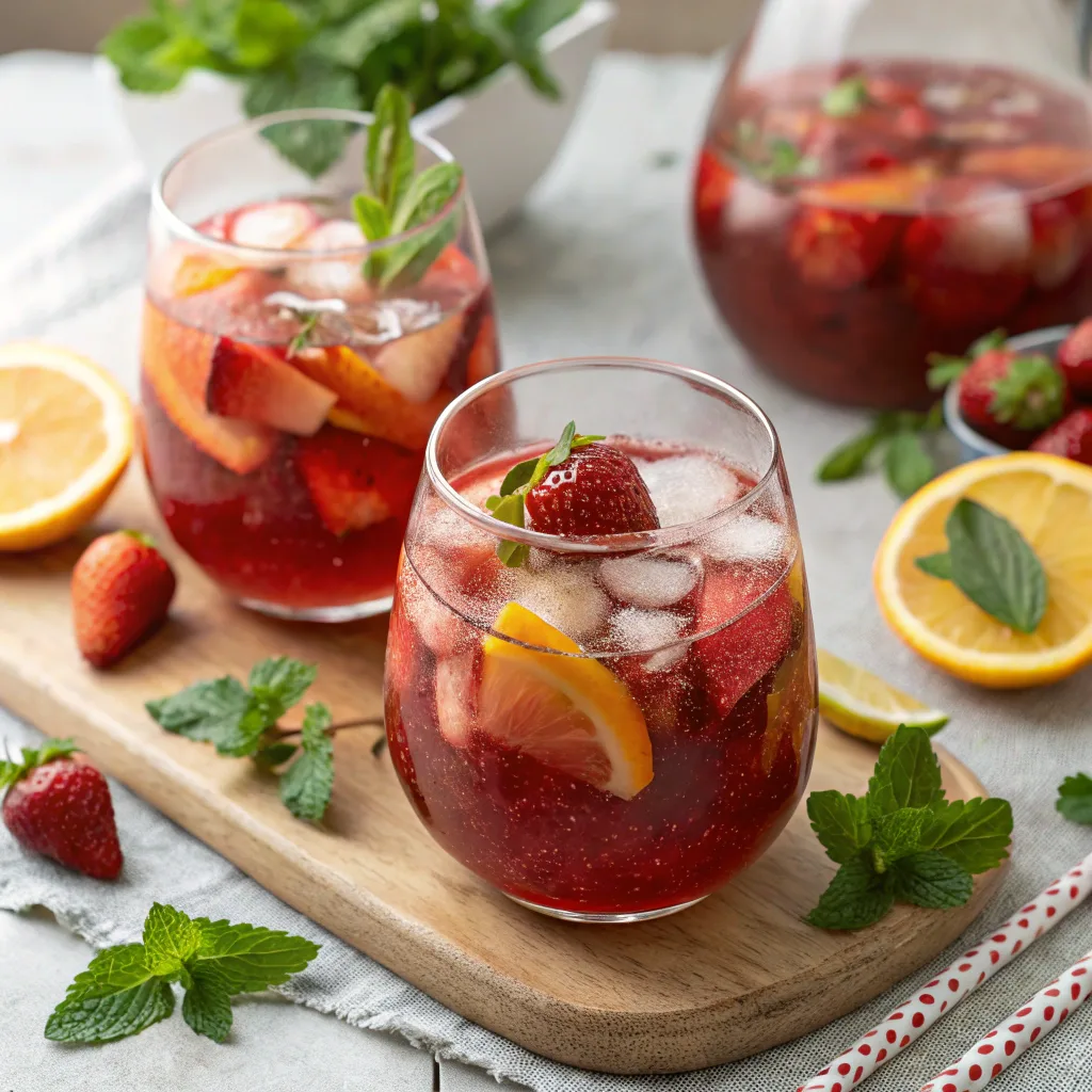 Chilled glass of Strawberry Sangria with fresh fruit and mint