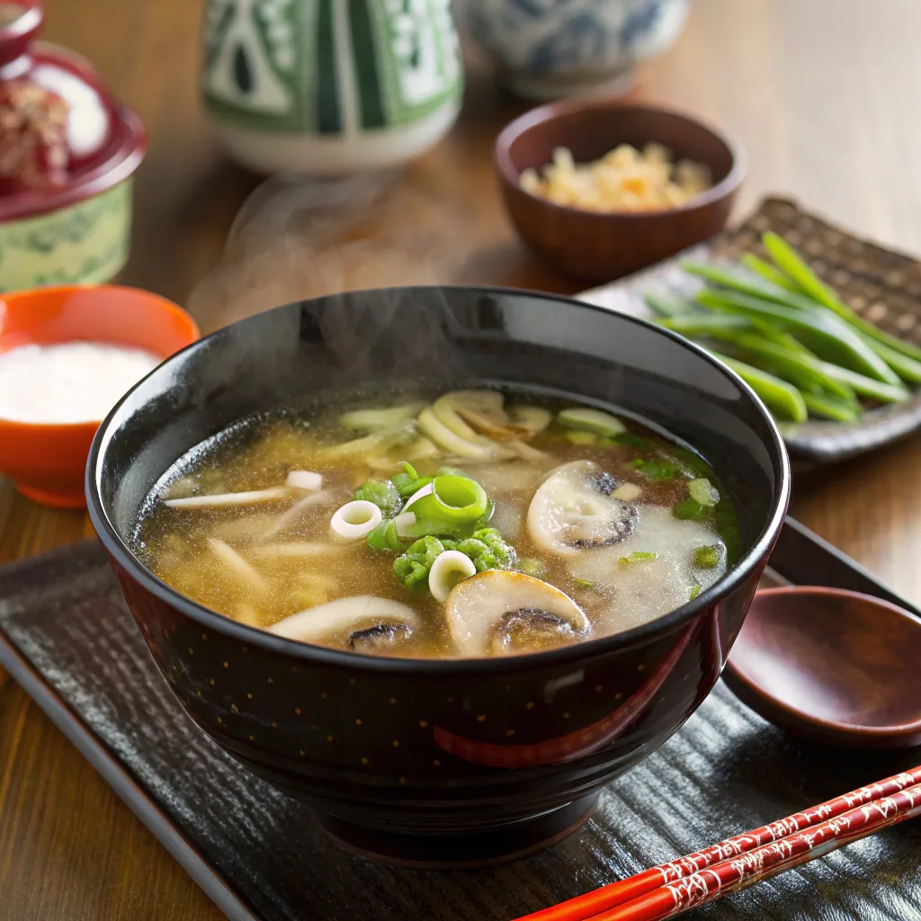 Japanese clear soup in black bowl with mushrooms and scallions