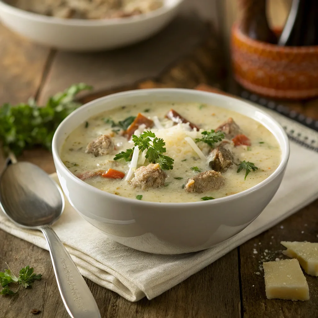 Creamy Parmesan Italian Sausage Soup in rustic bowl with cheese and herbs