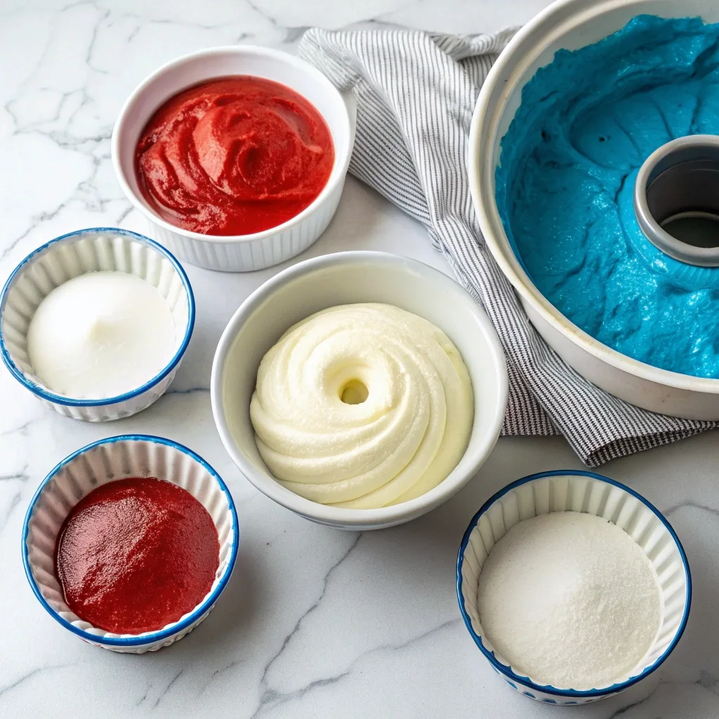  red white blue cake ingredients with colorful batter