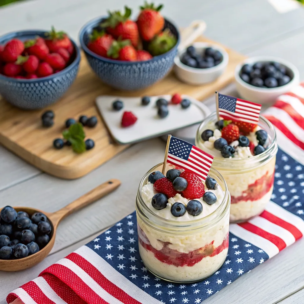 red white and blue cheesecake salad mason jar