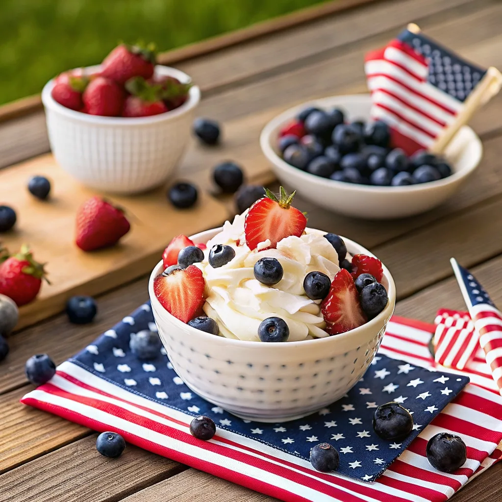 red white and blue cheesecake salad with strawberries and blueberries
