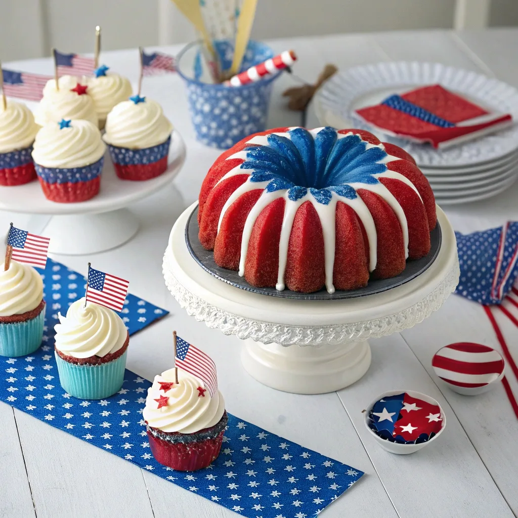 patriotic dessert table with red white blue bundt cake centerpiece