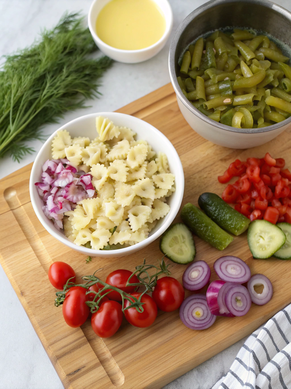 Bowls of dill pickles, pasta, and dressing ingredients arranged on a wooden table