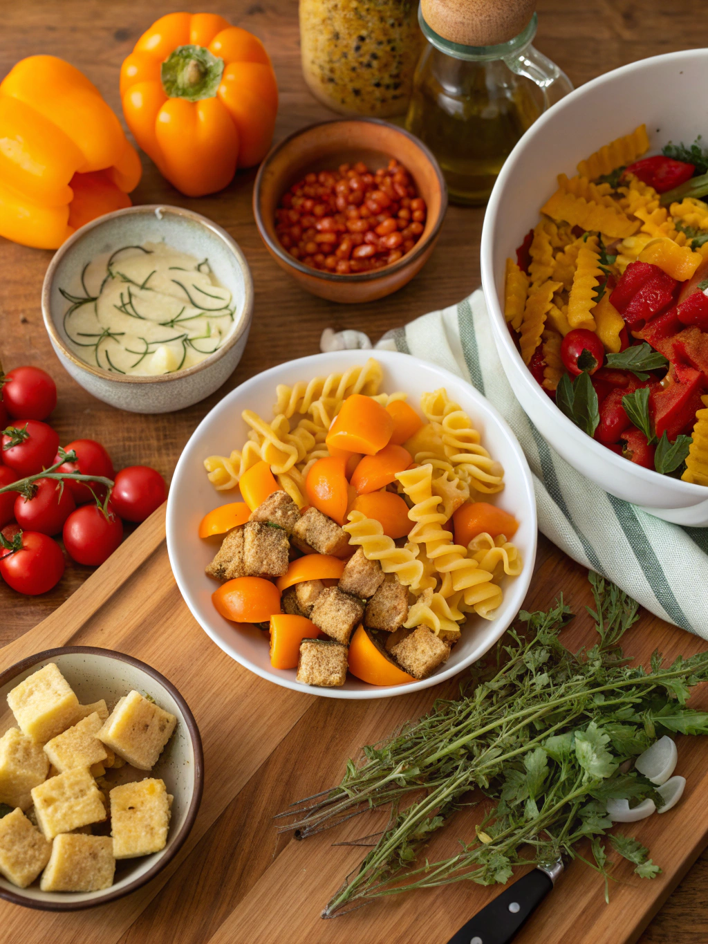 Assorted fall ingredients including multigrain pasta, squash, pecans, apples, and cranberries