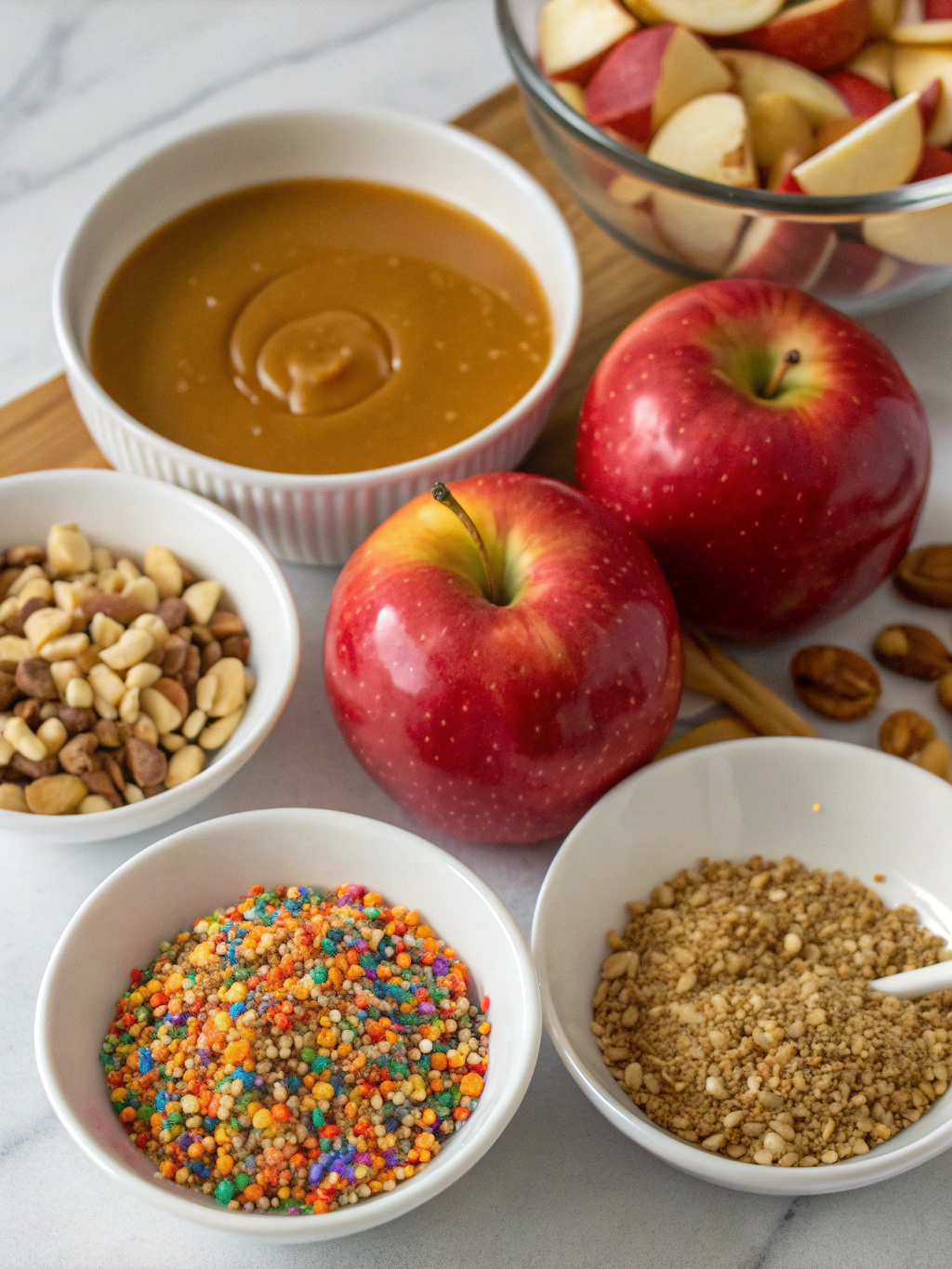 Ingredients for homemade gourmet caramel apples arranged on a wooden table