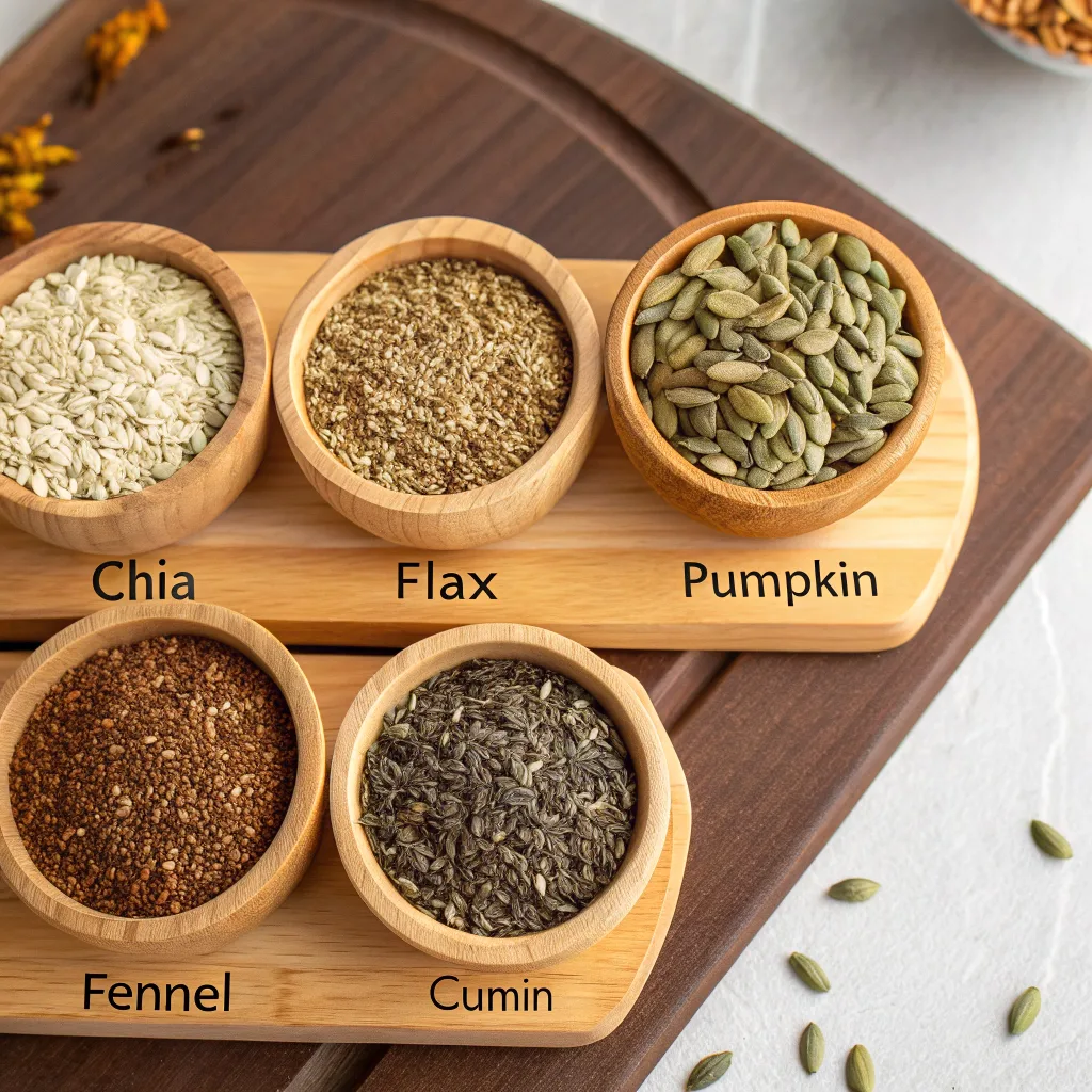Bariatric Seed Tea Recipe – The Natural Weight Loss Brew for Post-Surgery Wellness close up macro shot of five different seeds chia