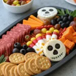 Halloween charcuterie board for spooky party with themed treats