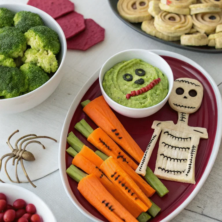 Spooky Halloween appetizer table with themed treats