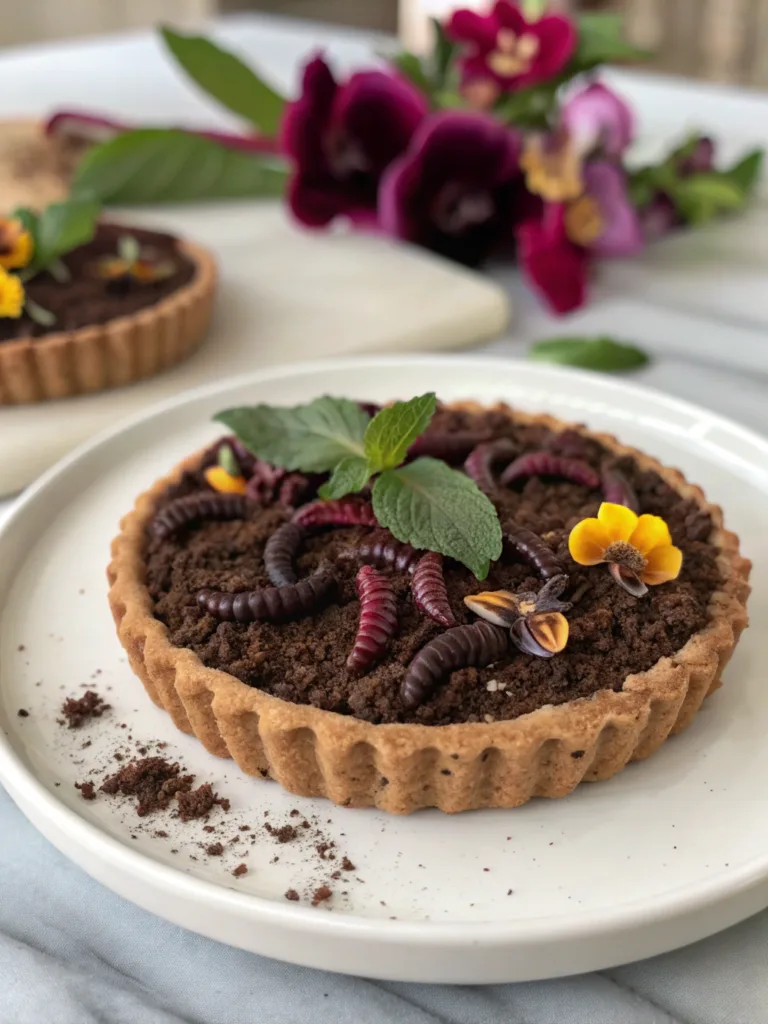 Dark Chocolate Pecan Worms in Dirt Mousse Tart . sweet