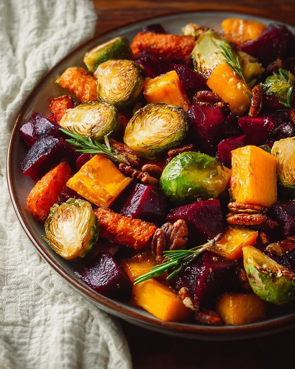 Winter Vegetable Salad with Roasted Butternut Squash, Brussels Sprouts, and Beets
