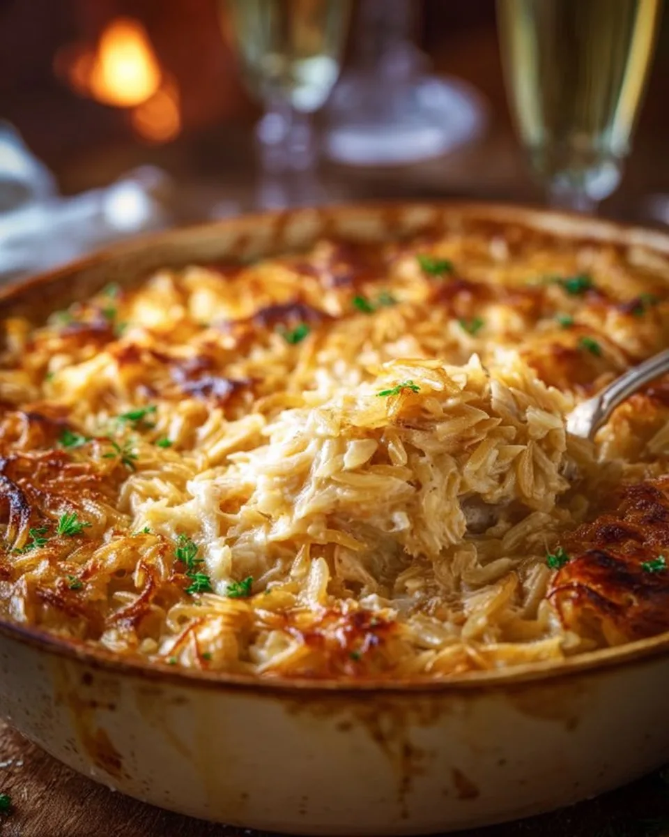 French Onion Chicken Orzo Casserole