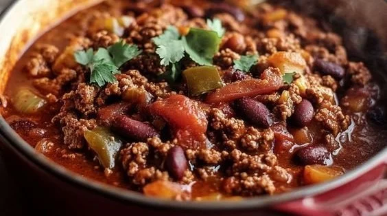 Delicious bowl of best ground beef stovetop chili garnished with herbs.