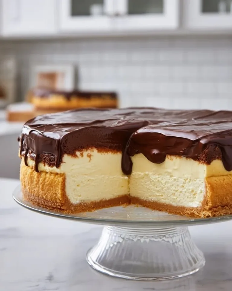 Slice of Boston Cream Pie with chocolate ganache and creamy custard filling