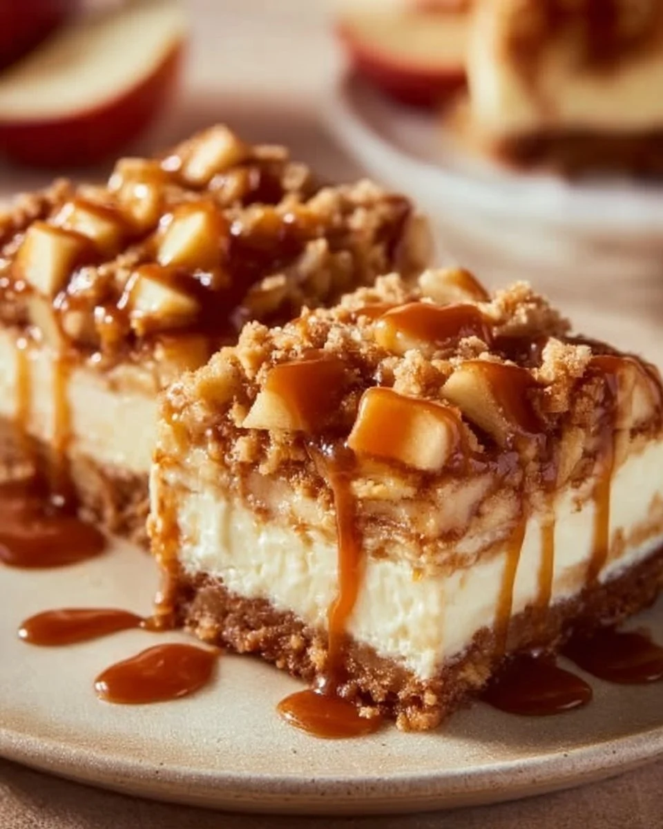 Delicious Caramel Apple Cheesecake Bars topped with caramel and apple slices