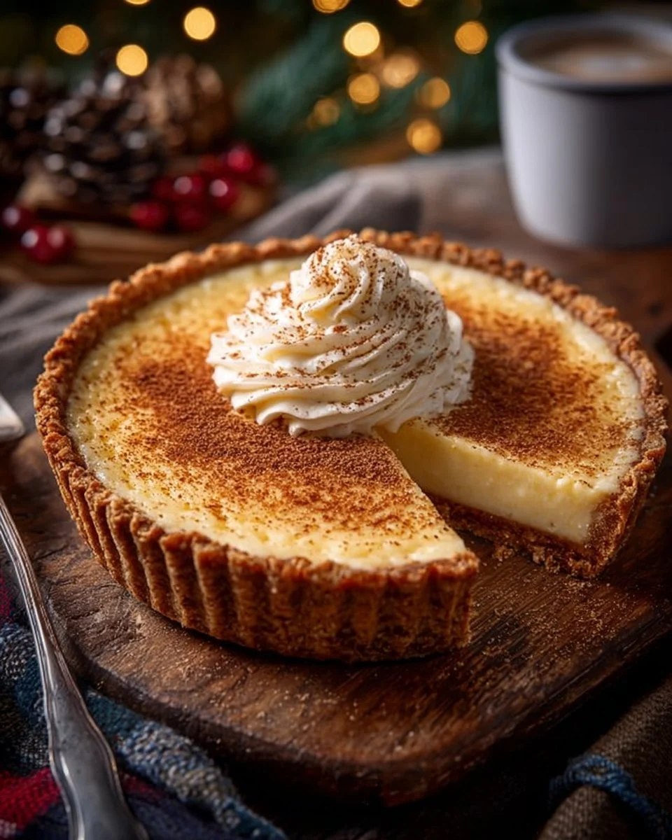 Christmas Eve cinnamon-vanilla custard pie served on a festive table