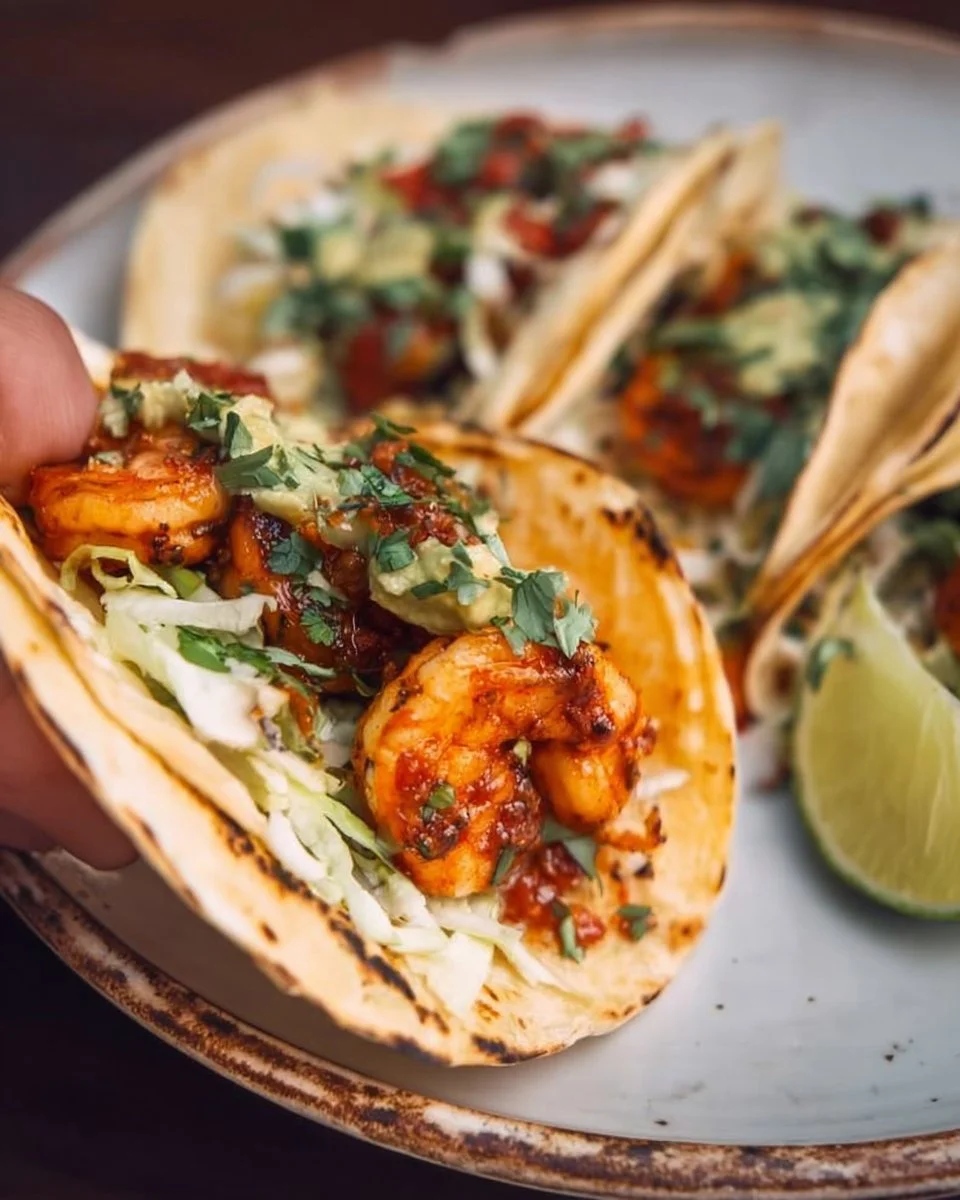 Cilantro lime shrimp tacos served with creamy slaw on a wooden plate