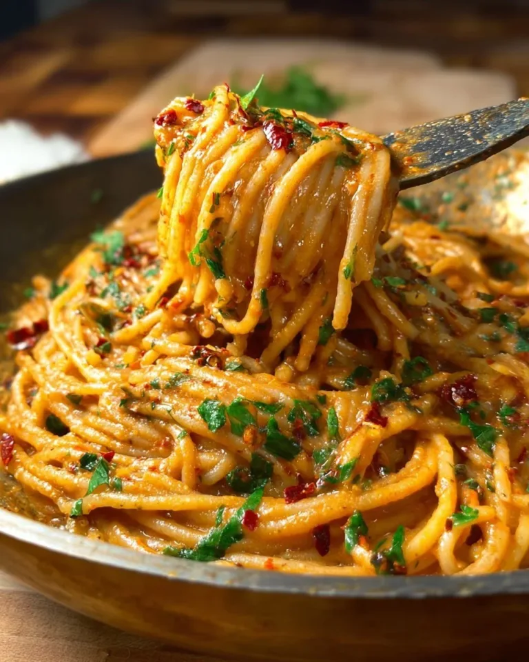 Bowl of creamy caramelized onion pasta with herbs and cheese