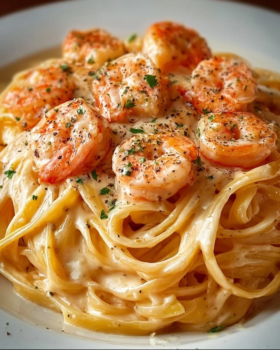 Creamy garlic shrimp pasta garnished with parsley and served in a bowl