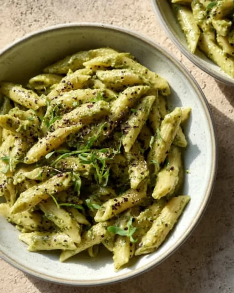 Creamy pesto sauce pasta garnished with fresh basil and pine nuts