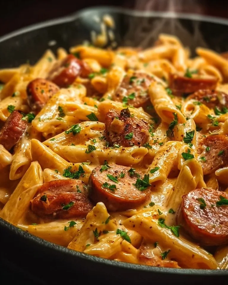 Creamy smoked sausage pasta in a bowl garnished with parsley