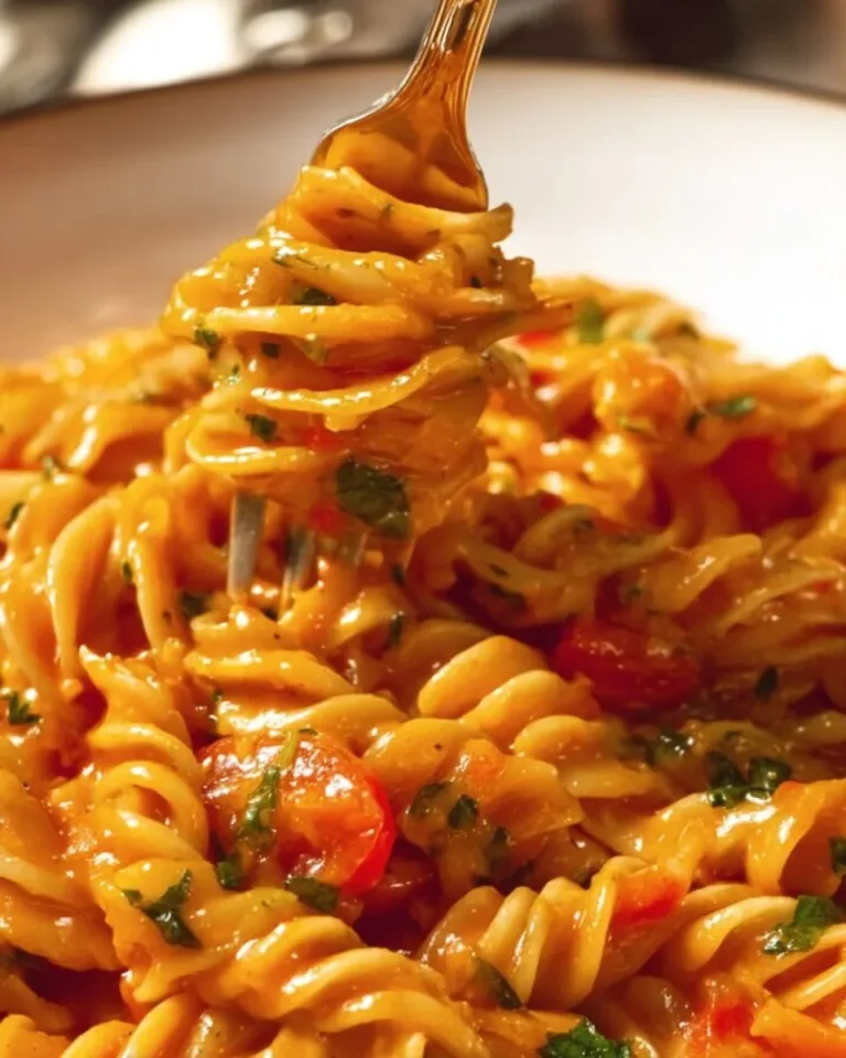 Creamy tomato chicken pasta dish with herbs and cheese