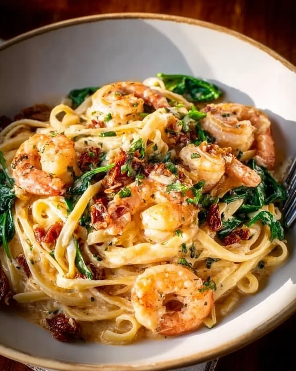 Creamy Tuscan shrimp linguine topped with parsley on a white plate