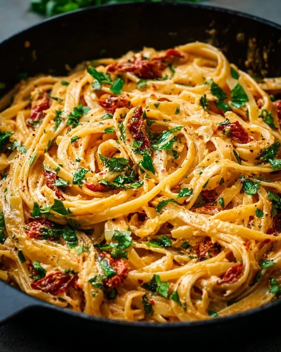 Creamy vegan sun-dried tomato pasta served in a bowl with fresh basil.