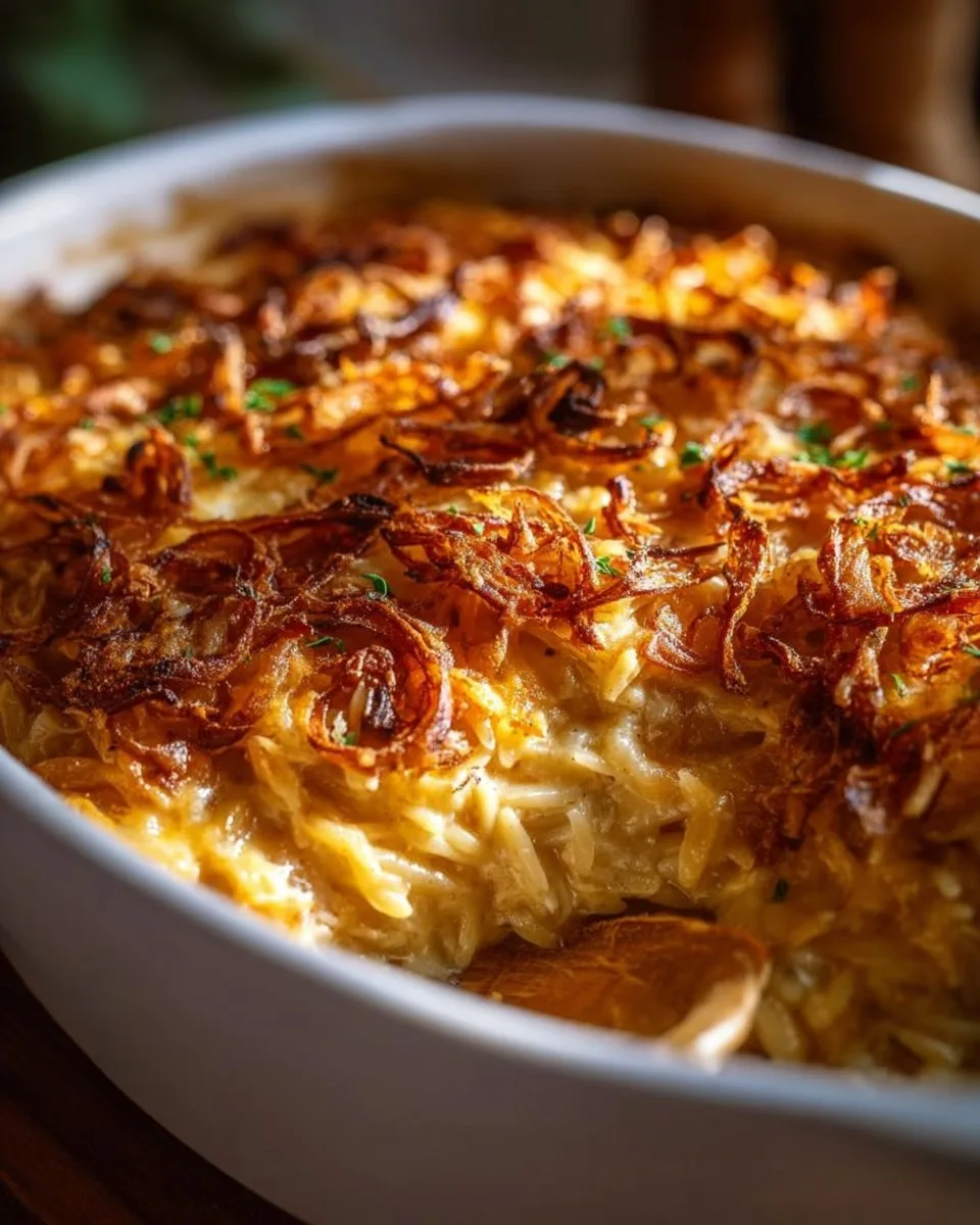 French Onion Chicken Orzo Casserole