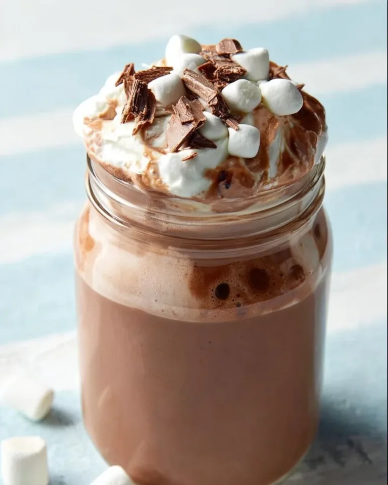 A steaming cup of decadent whipped hot chocolate topped with fluffy whipped cream
