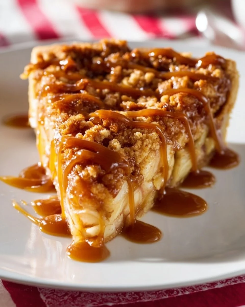 Slice of Dutch Caramel Apple Pie with caramel drizzle and fresh apple slices