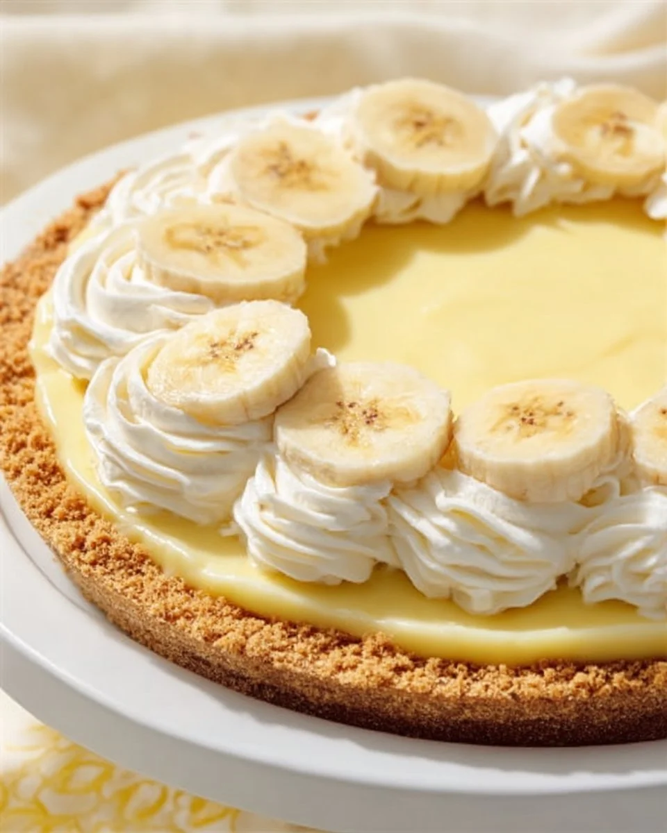 Slice of easy banana cream pie with whipped cream and banana slices on top.