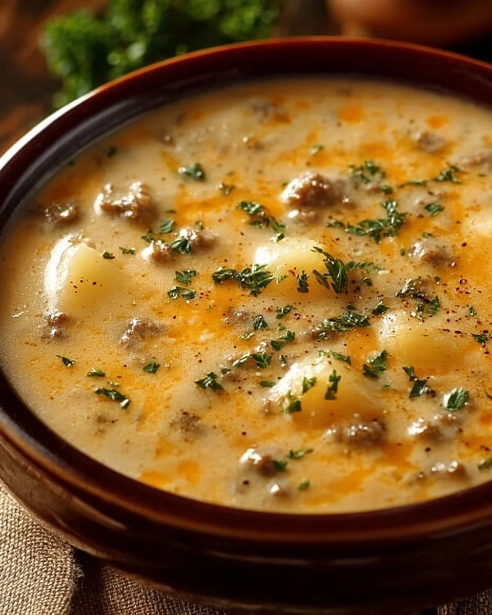 Bowl of easy cheesy hamburger potato soup garnished with herbs