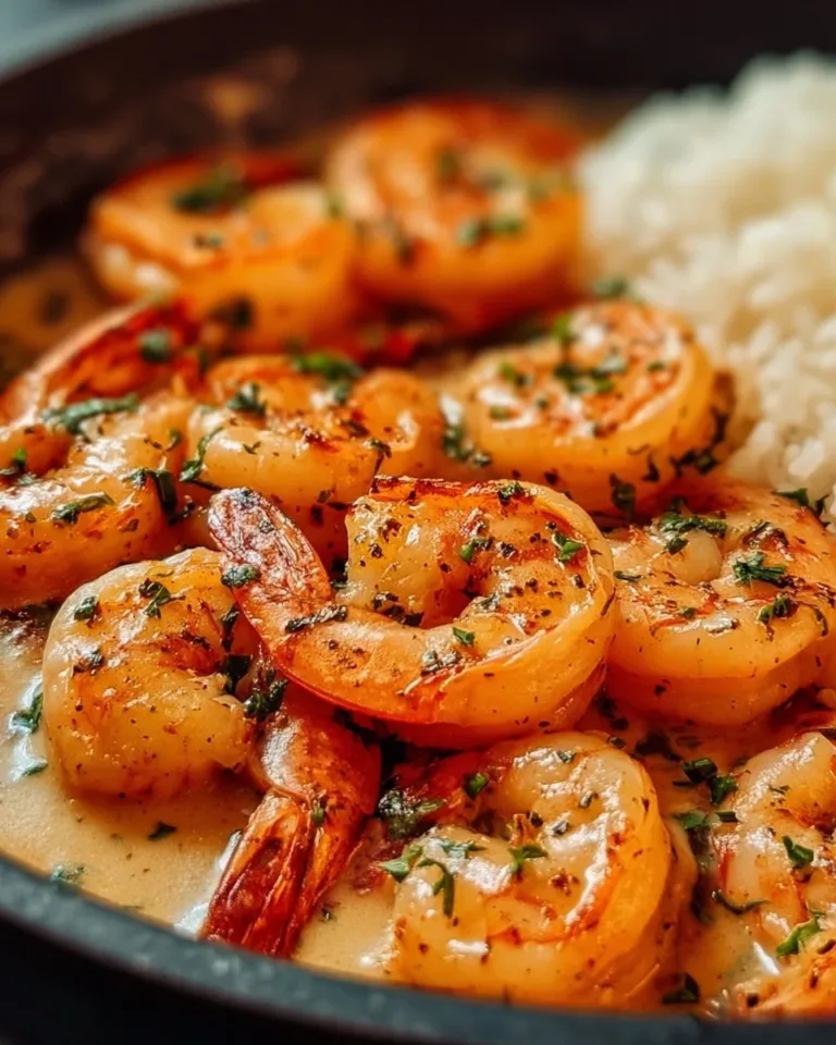 Plate of easy creamy garlic shrimp garnished with parsley and served with pasta