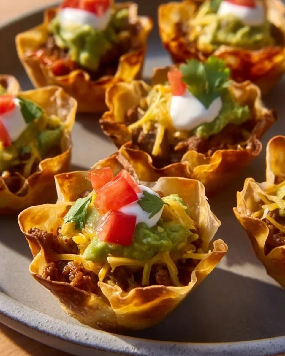 Delicious easy taco cups served on a platter, ready to enjoy.
