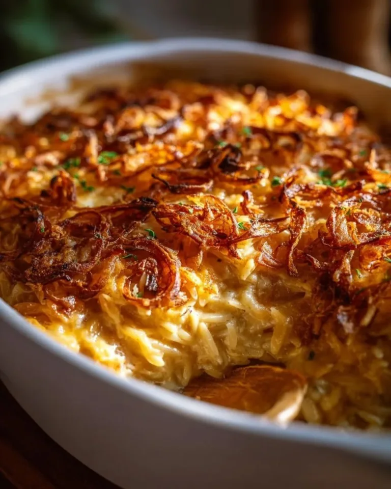 French onion chicken orzo casserole topped with melted cheese and herbs