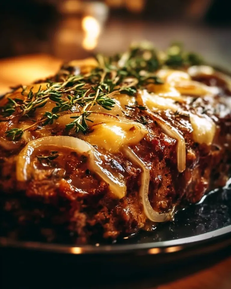 Succulent French Onion Meatloaf topped with melted cheese and caramelized onions