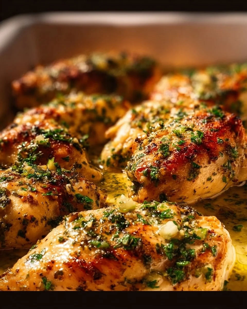 Garlic butter baked chicken breast garnished with herbs and spices