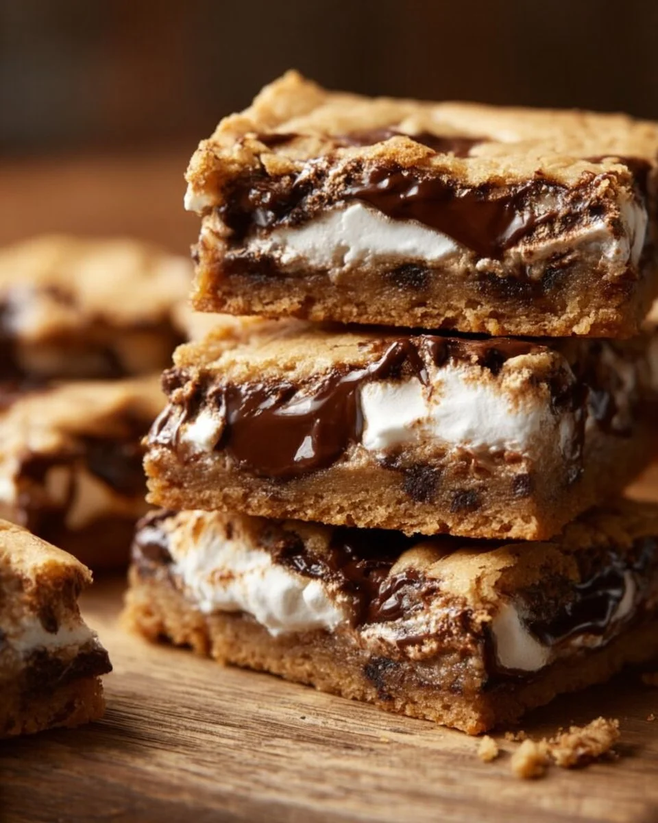 Delicious Gluten Free S'mores Cookie Bars on a rustic wooden table