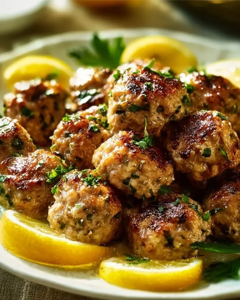 Greek Turkey Meatballs served on a plate with herbs and dipping sauce