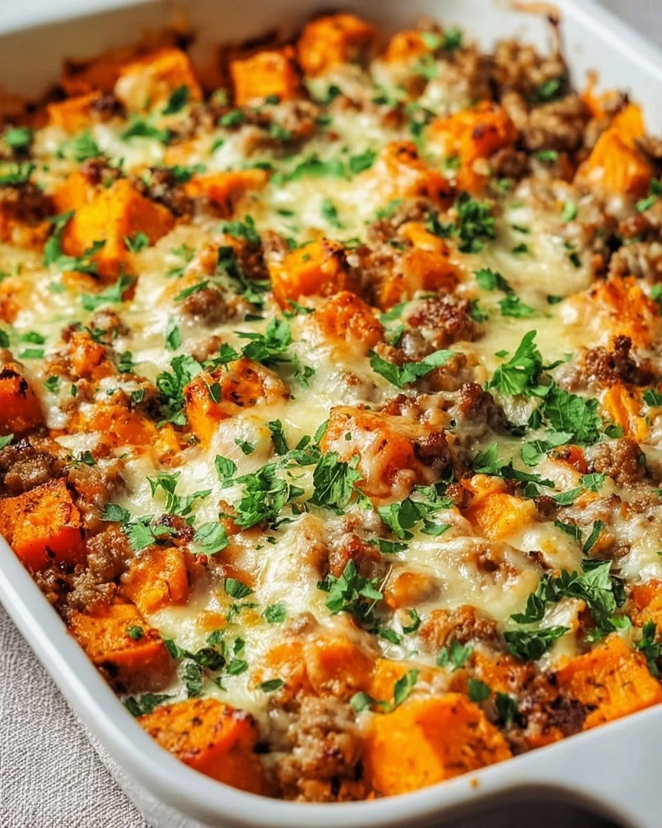 Ground Turkey Sweet Potato Bake in a casserole dish