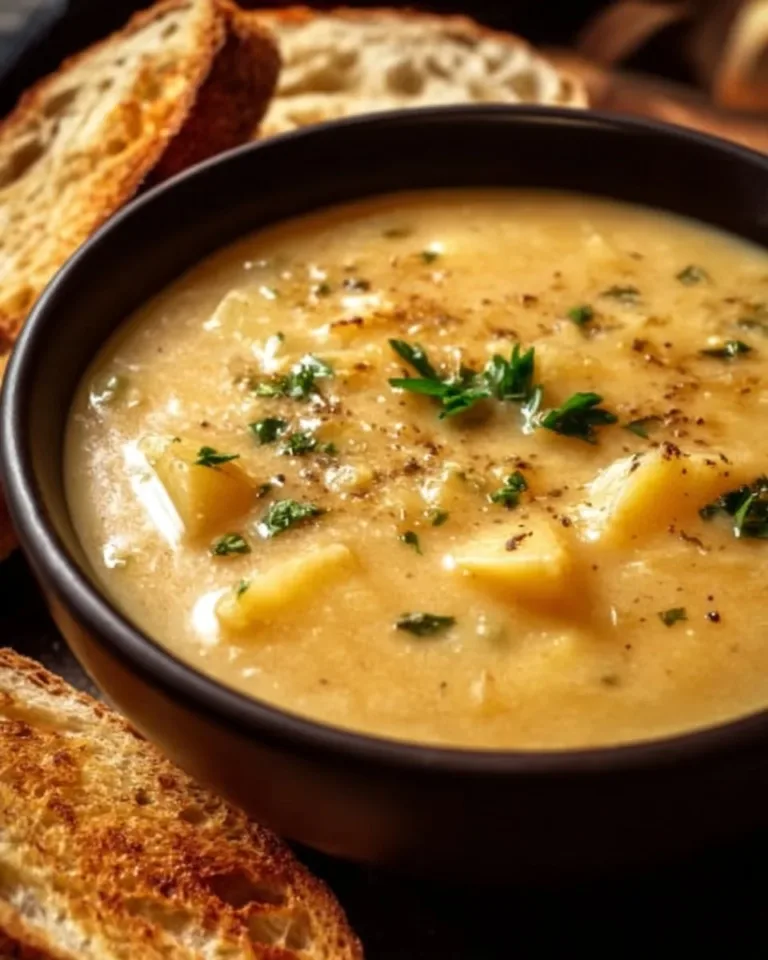 Bowl of hearty cheddar garlic herb potato soup garnished with fresh herbs
