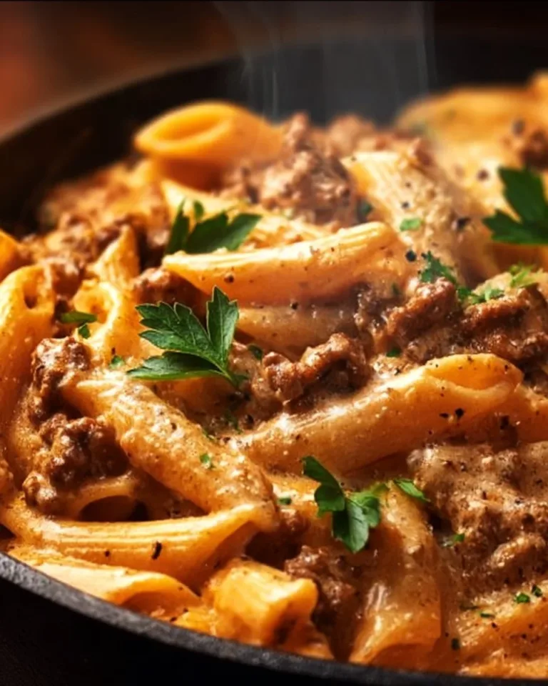 Creamy beef pasta dish with high protein content served in a bowl